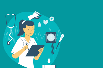 Illustrated nurse holding a clipboard on a teal background with a stethoscope, blood pressure machine, and other medical tools around her