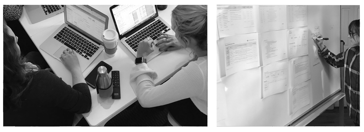 A collage of the Ironpaper team at work and sketches on paper